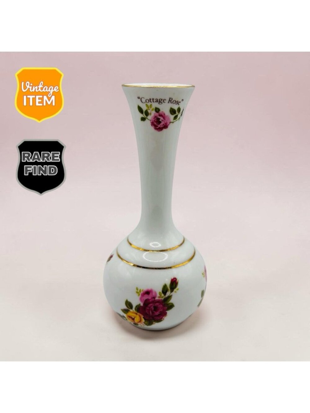 Vintage Bud Vase English Bone China Pink and Yellow Roses by Camelot Gold Trim.